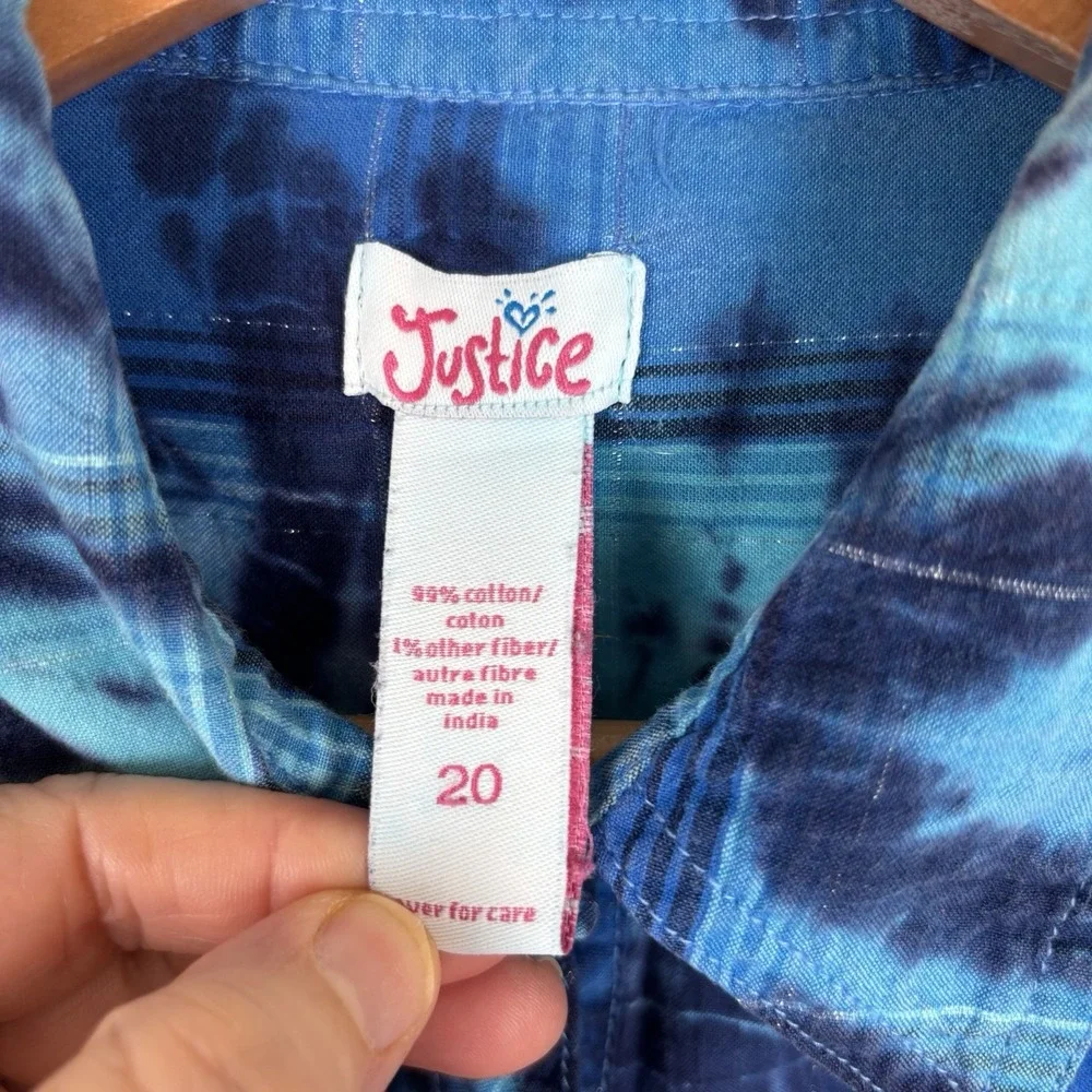 Y2K Justice‎ Girls Size 20 Blue Tie Dye Plaid Cotton Button Down Shirt Western